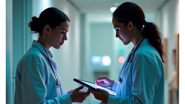 Ärzte bei der Arbeit mit Patientendaten, symbolisiert Gesundheitswesen und DSGVO-Konformität